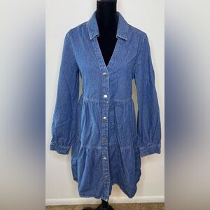 Zara denim long sleeve V neck collar tiered button front dress small EUC